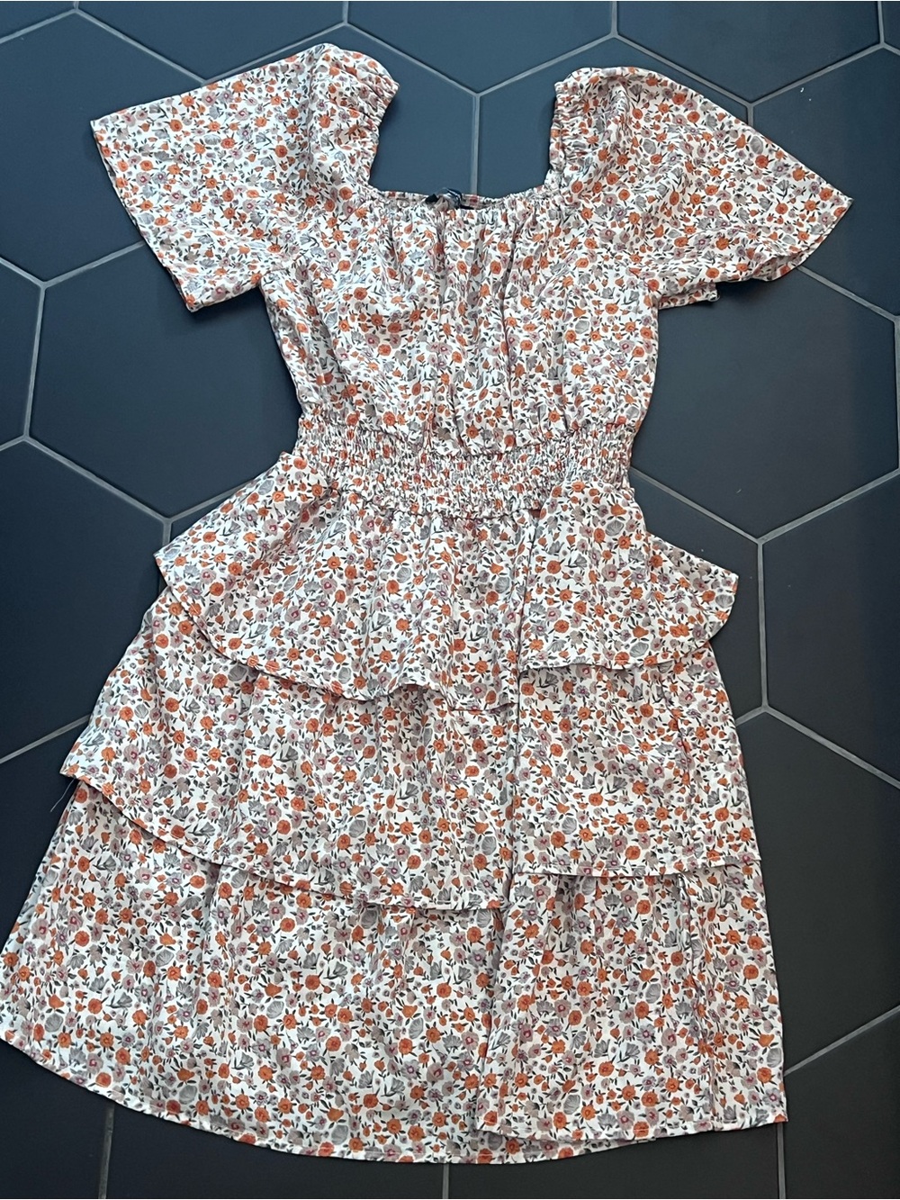Smocked Tiered Midi Dress with Rust Floral Print - Women